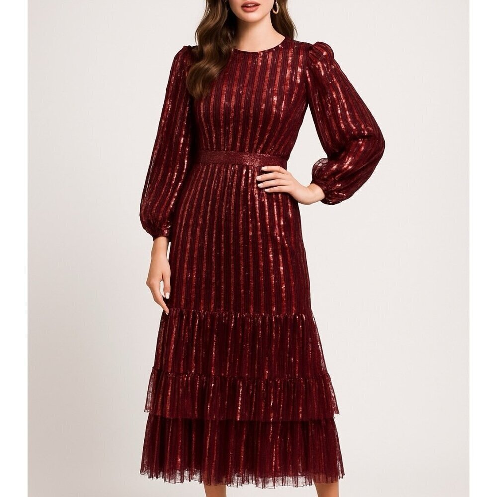 New MAC DUGGAL Size 8 Burgundy 23003 LONG SLEEVE RUFFLE Tier SEQUIN Midi DRESS